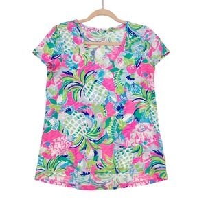 Lilly Pulitzer Etta V-Neck Top XS Raise the Bar Pink Pineapple Print Cotton